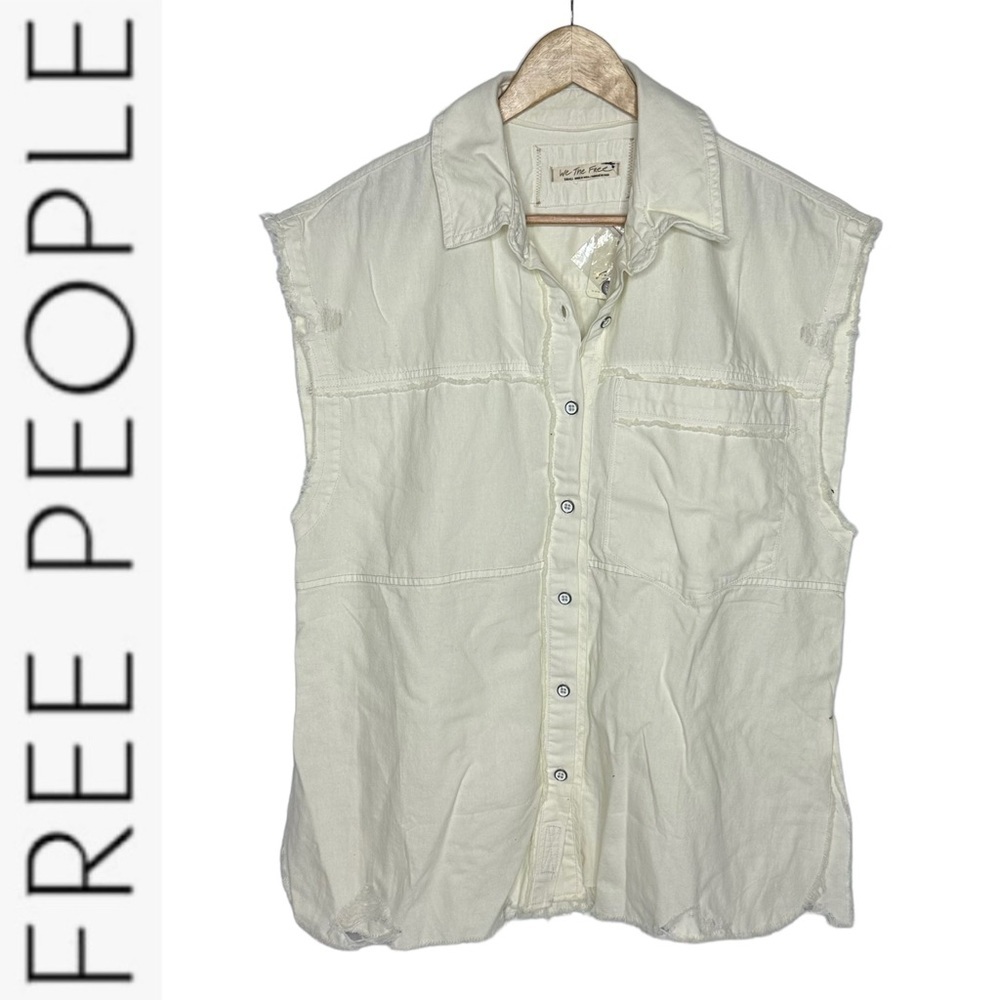 NWT Free People Distressed Sleeveless Button Down Shirt Dress white small